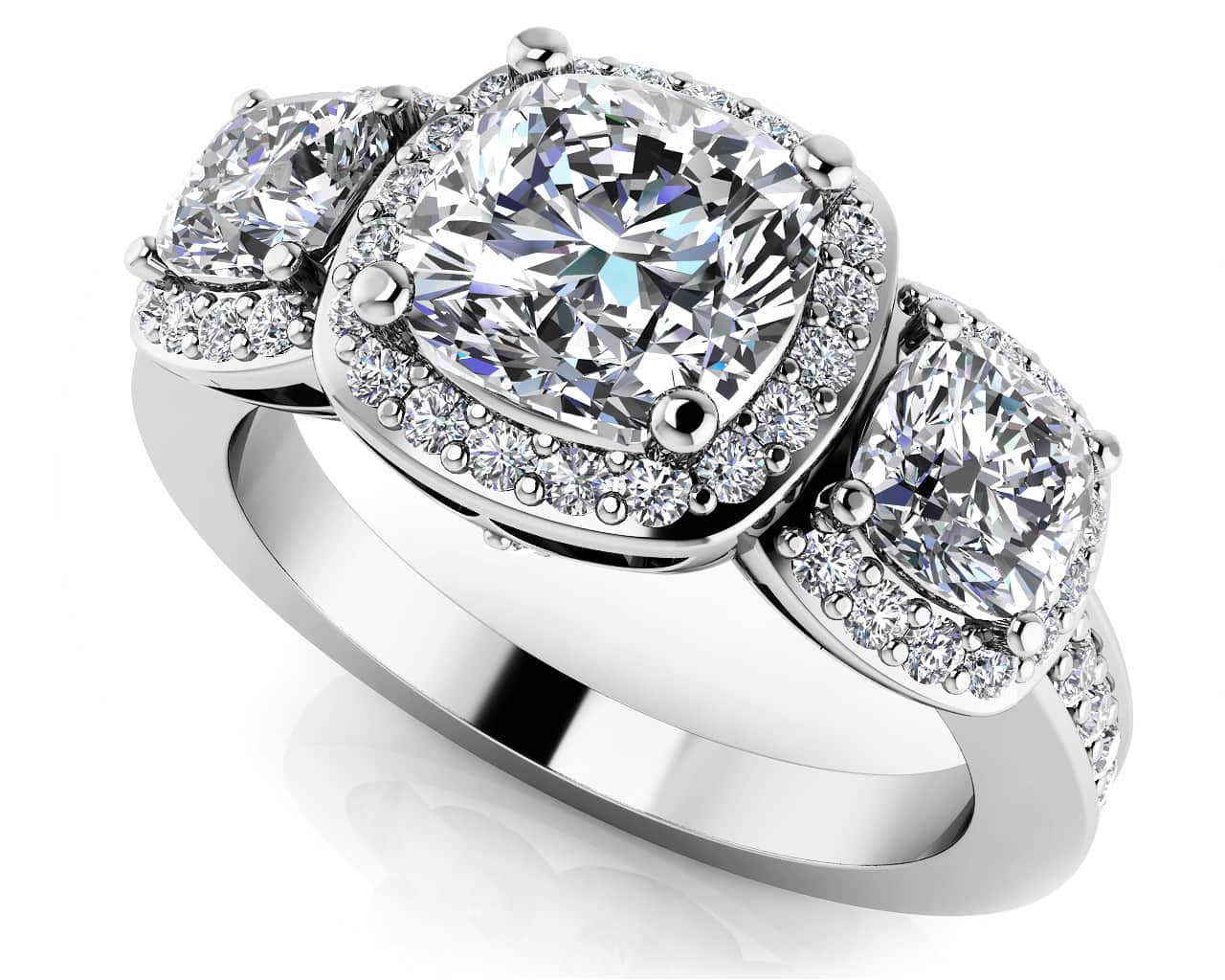 Classic Three Stone Cushion Cut Diamond Halo Diamond Ring with 1.82 ct. (1.00 ct. center diamond)