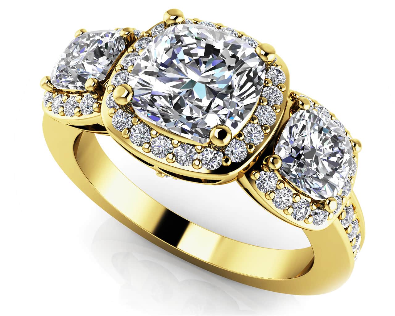 Classic Three Stone Cushion Cut Diamond Halo Diamond Ring with 1.82 ct. (1.00 ct. center diamond) - Image 2