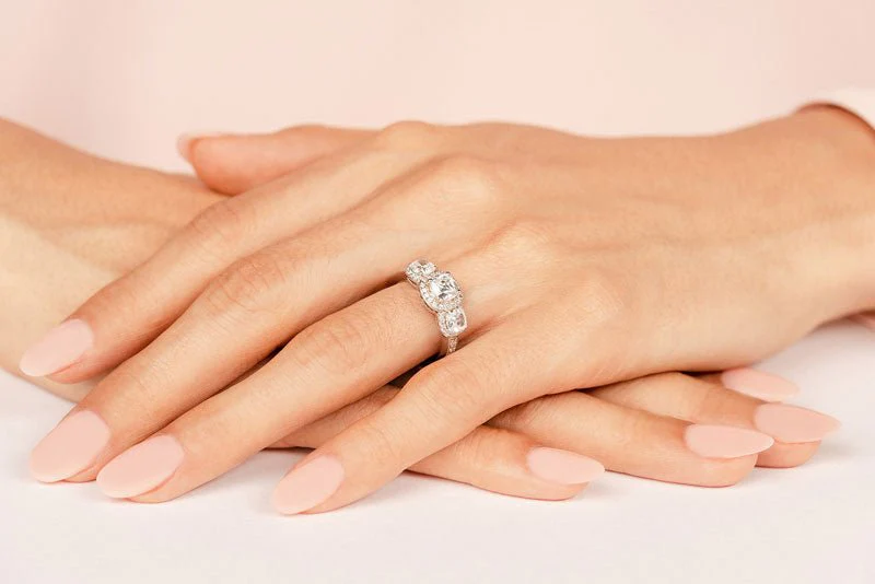 Classic Three Stone Cushion Cut Diamond Halo Diamond Ring with 1.82 ct. (1.00 ct. center diamond) - Image 5