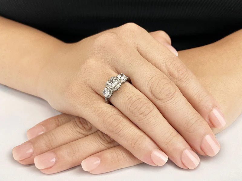 Classic Three Stone Cushion Cut Diamond Halo Diamond Ring with 2.91 ct. (1.50 ct. center diamond) - Image 3