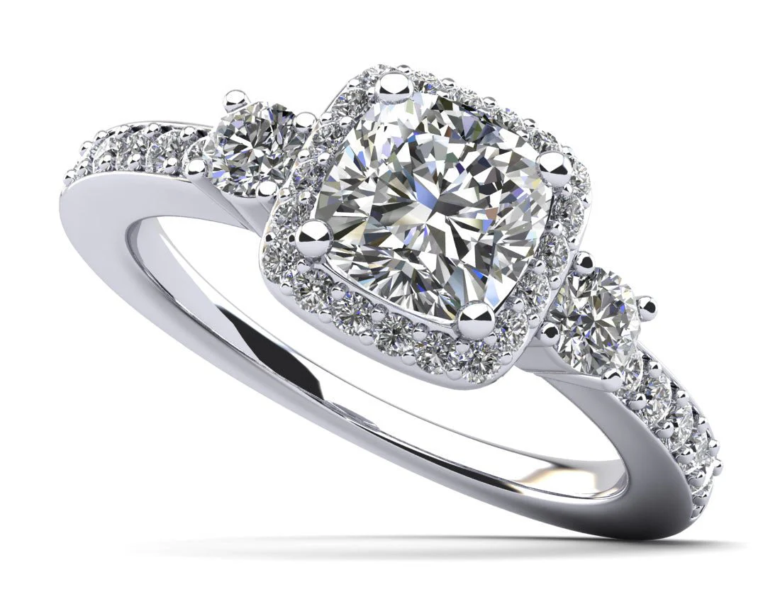 Cushion Cut Halo Diamond Engagement Ring with Side Stones Diamond with 1.00 ct. (0.50 ct. center diamond)
