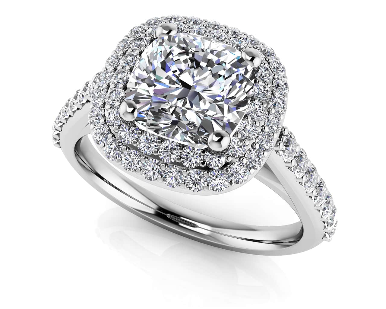 Double Halo Cushion Cut Diamond Engagement Ring with 1.04 ct. (0.50 ct. center diamond)