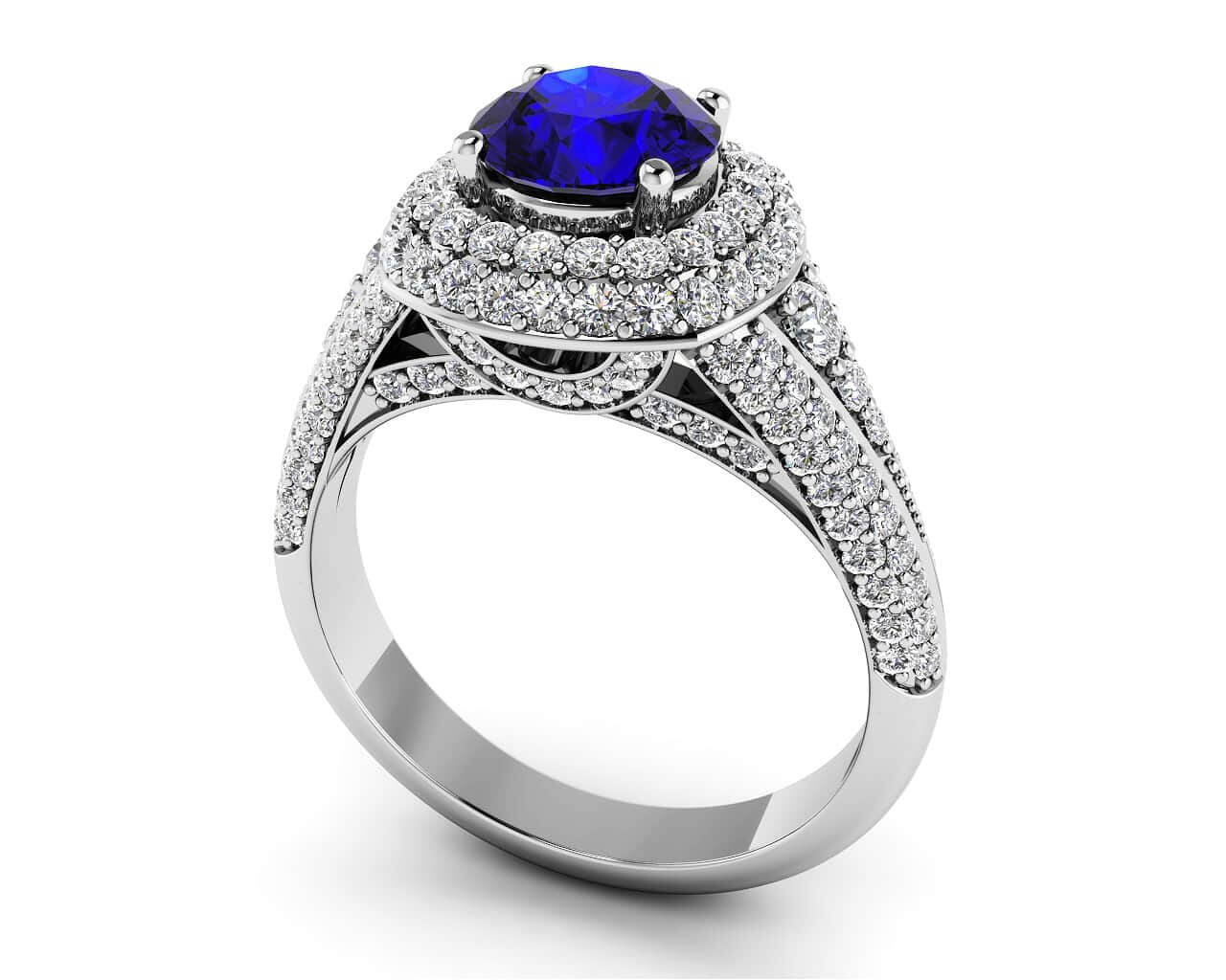 Double Halo Diamonds And Gem Anniversary Lab-Grown Diamond Ring with 1.66 ct.(finished) Sapphire