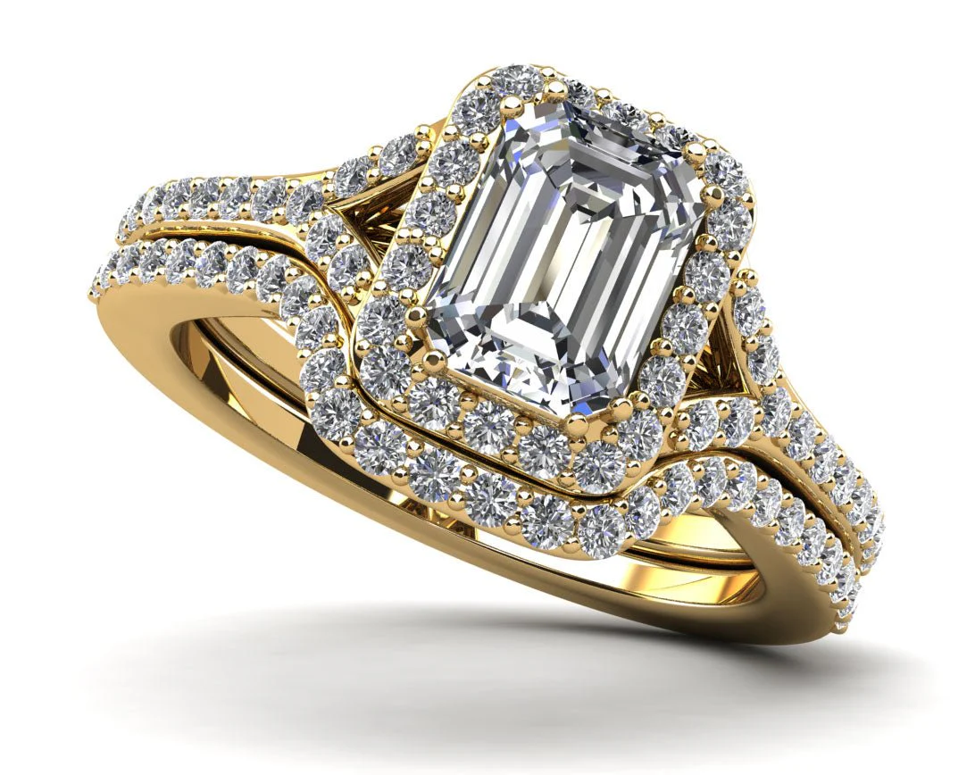 Emerald Cut Halo Diamond Bridal Set Ring with Split Shank Diamond with 1.10 ct. (0.70 ct. center diamond) - Image 2