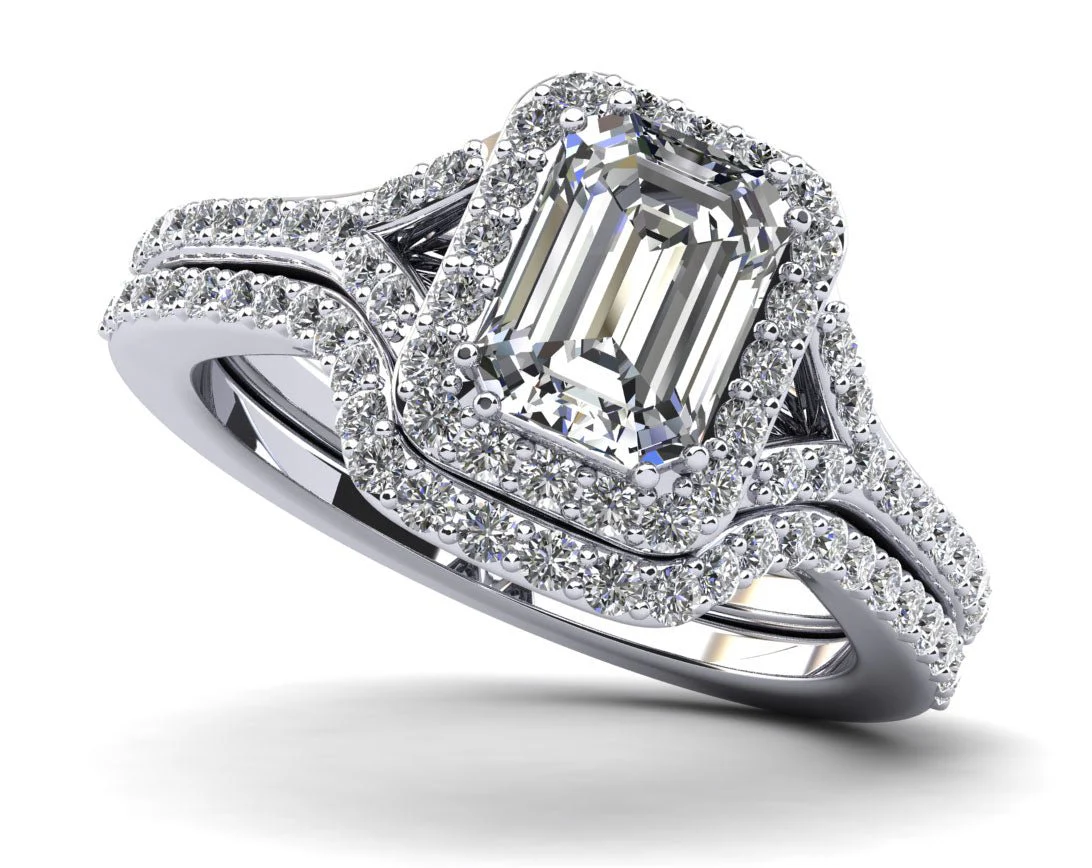Emerald Cut Halo Diamond Bridal Set Ring with Split Shank Lab-Grown Diamond with 2.91 ct. (2.00 ct. center diamond)