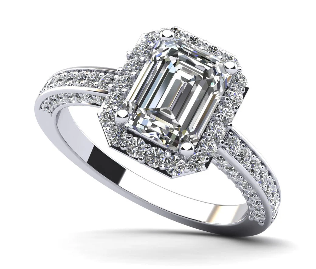Emerald Cut Halo Diamond Engagement Ring with 1.31 ct. (0.70 ct. center diamond)