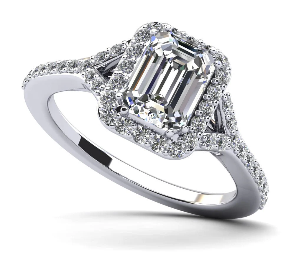 Emerald Cut Halo Diamond Engagement Ring with Split Shank Diamond with 1.35 ct. (1.00 ct. center diamond)