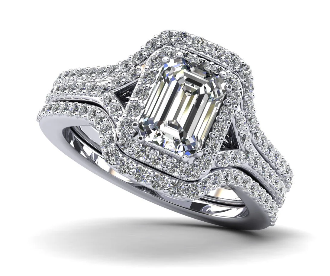Emerald Cut Halo Diamond Wedding Set Ring with Split Shank Diamond with 1.25 ct. (0.70 ct. center diamond)