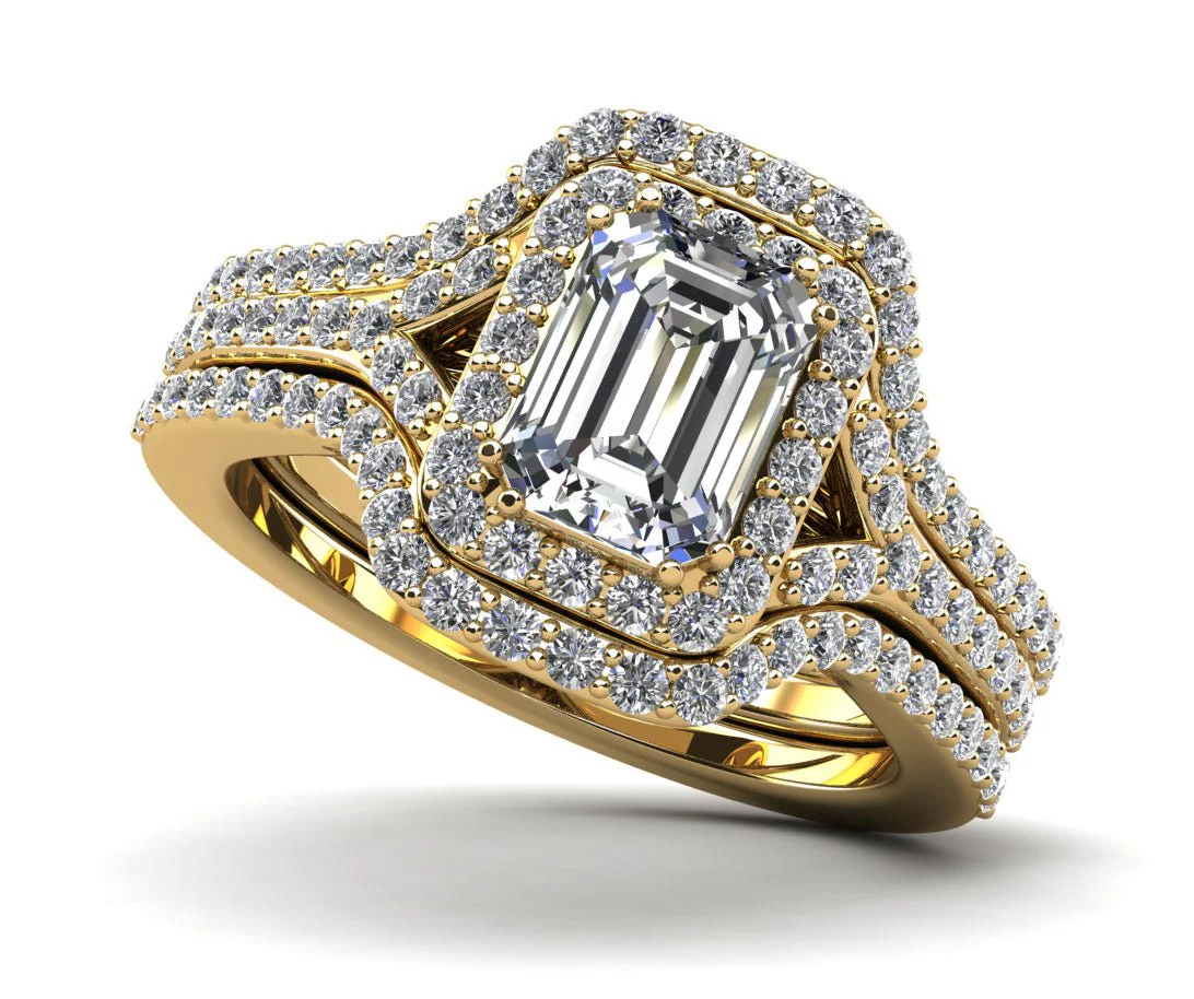 Emerald Cut Halo Diamond Wedding Set Ring with Split Shank Lab-Grown Diamond with 2.46 ct. (1.50 ct. center diamond) - Image 2