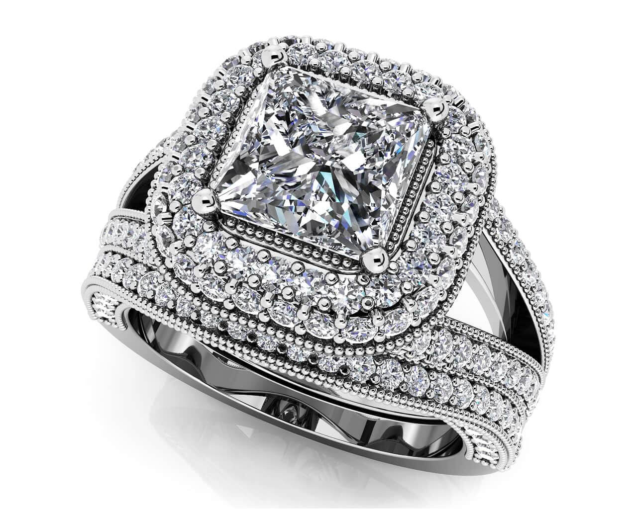Exquisite Double Halo Diamond Bridal Set Diamond with 1.97 ct. (1.00 ct. center diamond)