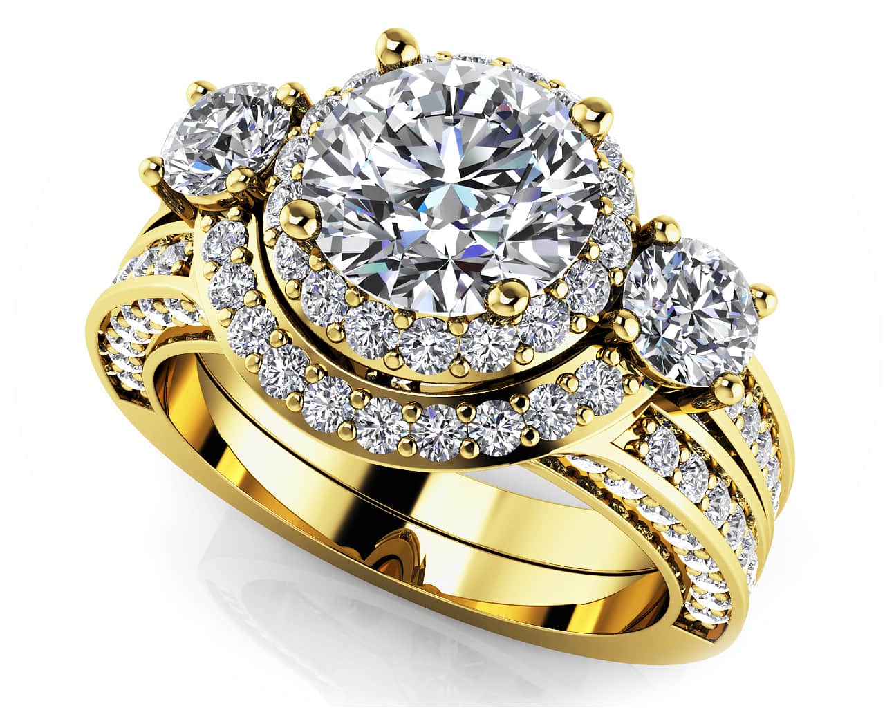Exquisite Three Stone Diamond Halo Bridal Set Diamond  with 2.21 ct. (1.00 ct. center diamond) - Image 2