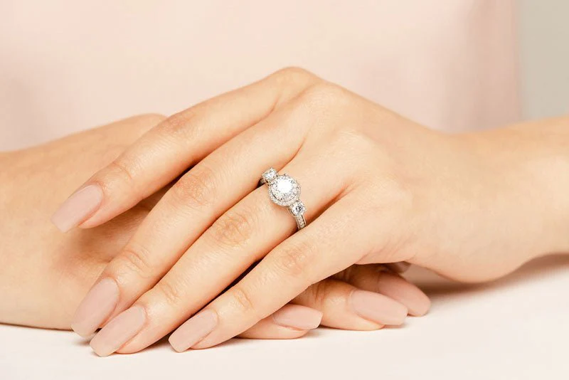 Exquisite Three Stone Diamond Halo Diamond Engagement Ring with 1.12 ct. (0.50 ct. center diamond) - Image 3