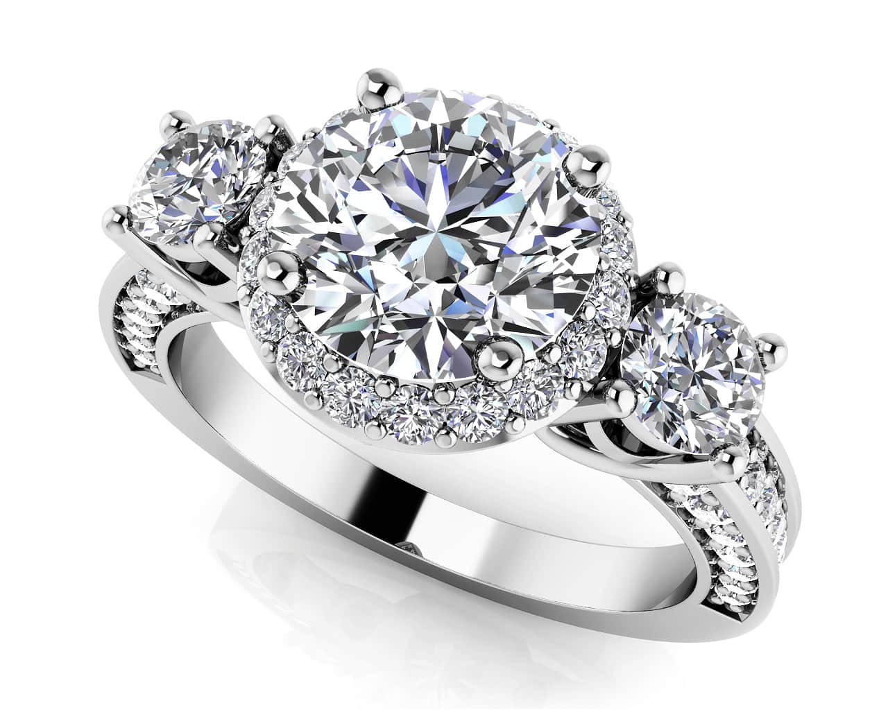 Exquisite Three Stone Diamond Halo Diamond Engagement Ring with 2.97 ct. (1.90 ct. center diamond)