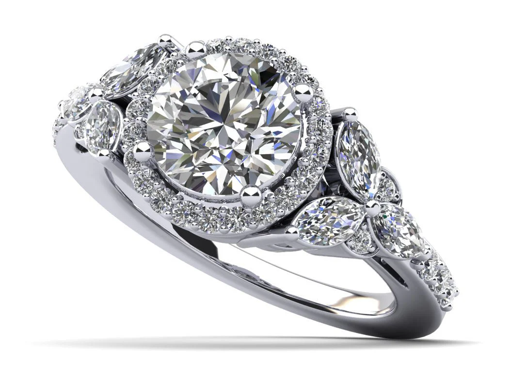 Halo Flower Engagement Ring with Round and Marquise Diamonds Diamond with 2.94 ct. (2.00 ct. center diamond)