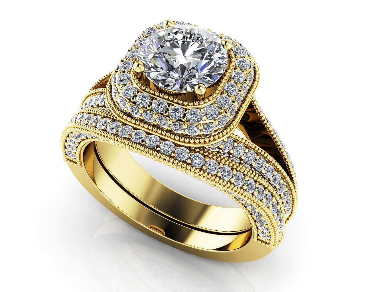 Luxurious Split Shank Halo Wedding Set Diamond  with 1.68 ct. (0.75 ct. center diamond) - Image 2