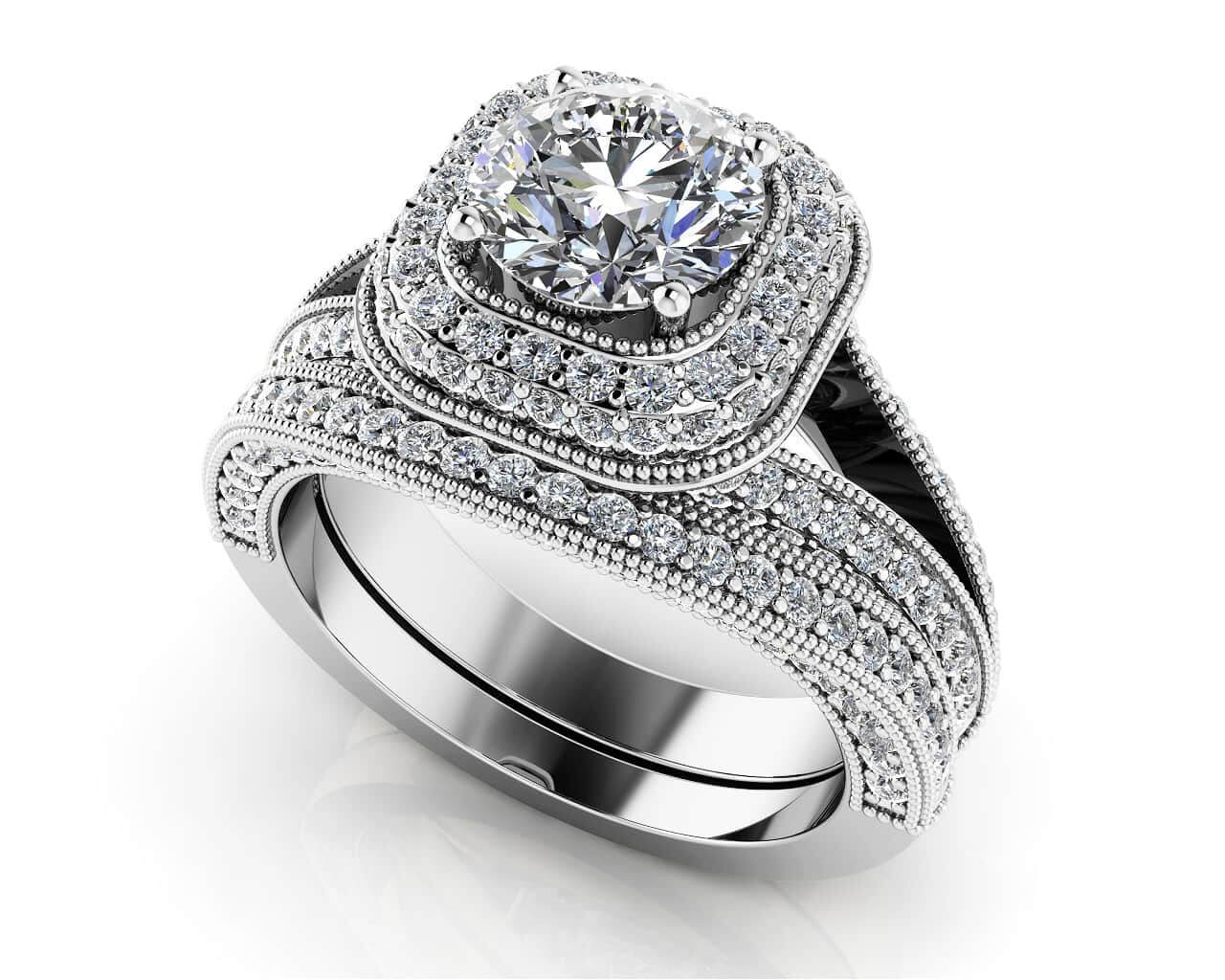 Luxurious Split Shank Halo Wedding Set Lab-Grown Diamond with 2.21 ct. (1.25 ct. center diamond)