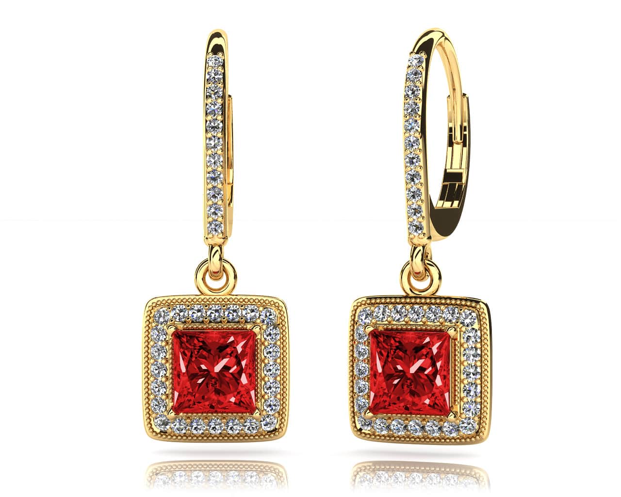Milgrain Princess Cut Diamond And Gem Diamond Earrings with 2.12 ct.(finished) 1.0mm, 5.2mm - Image 2