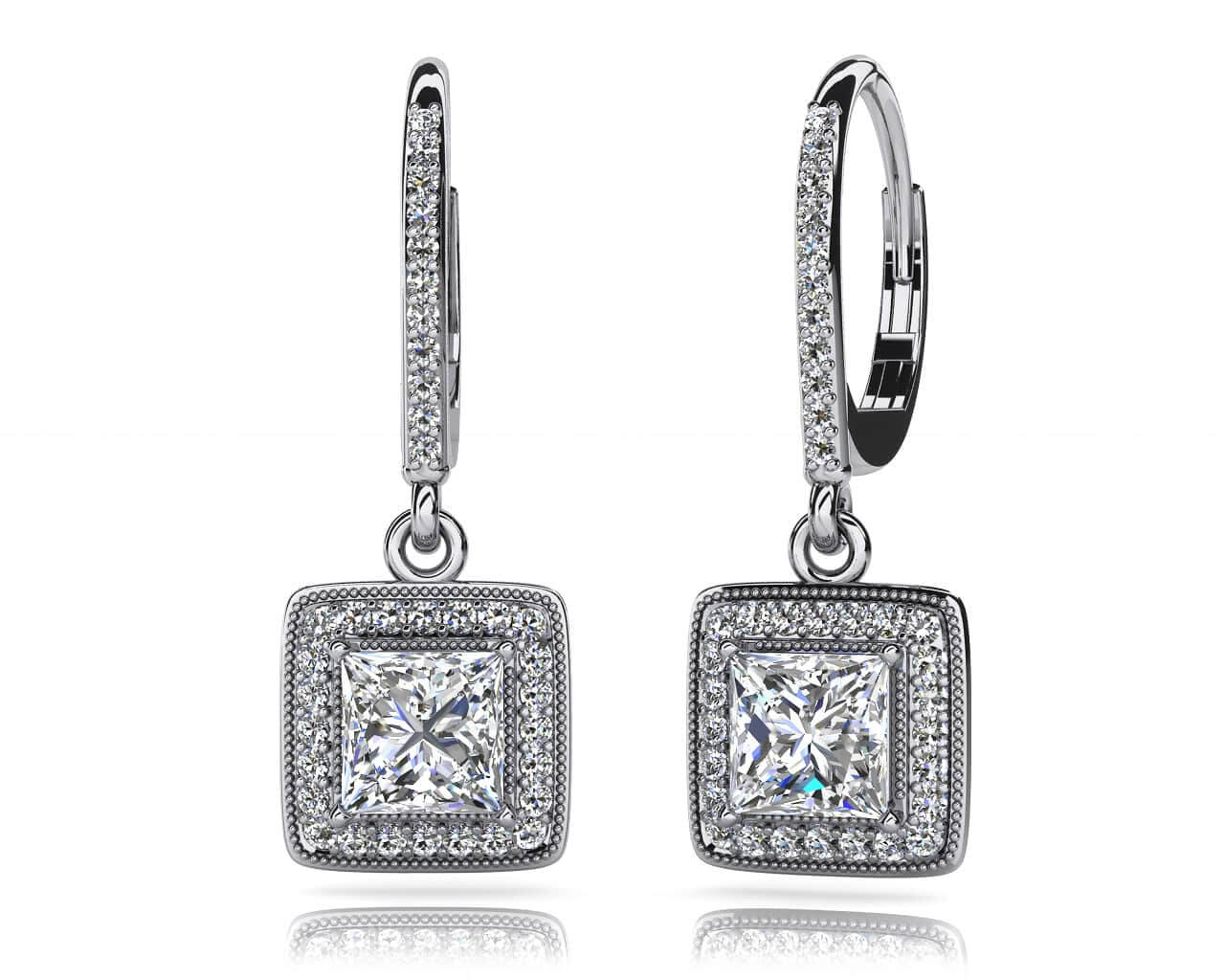 Milgrain Princess Cut Diamond Drop Lab-Grown Diamond Earrings with 0.67 ct. (2X0.16 ct. center diamonds)