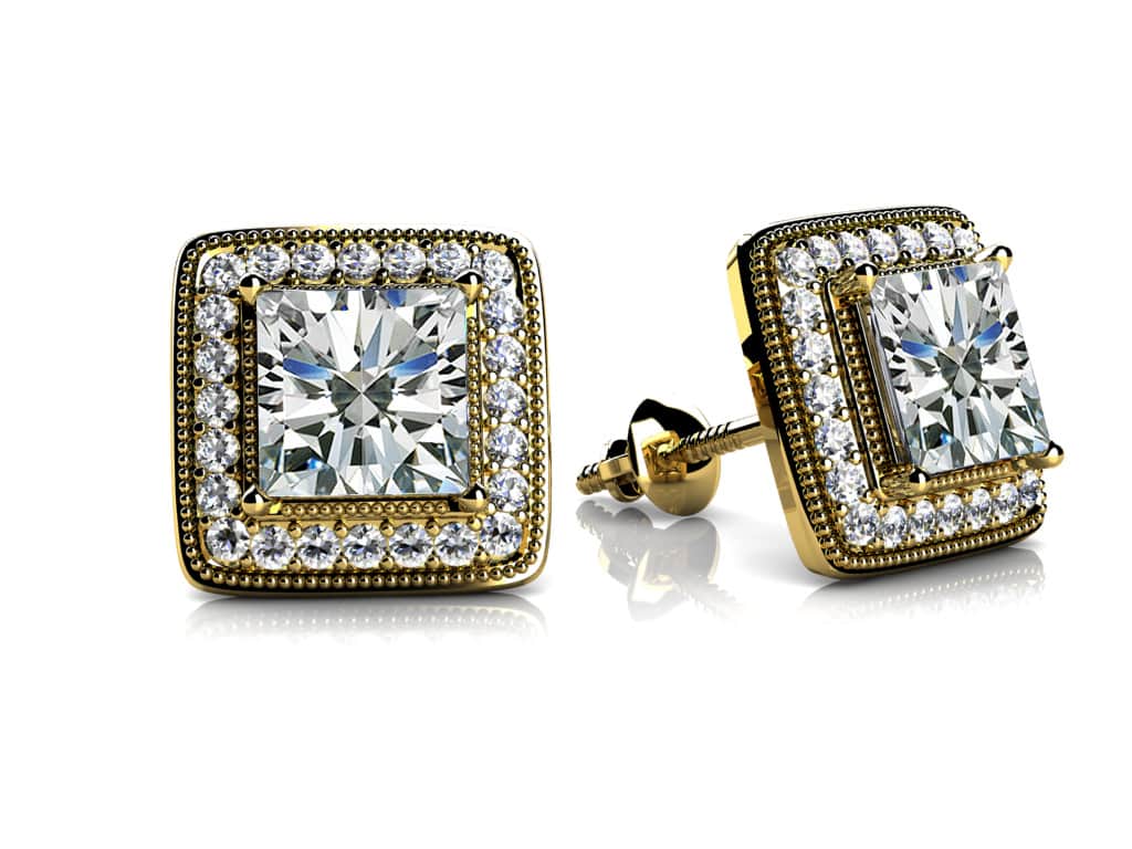 Milgrain Princess Cut Diamond Stud Earrings with 1.44 ct. (2X0.60 ct. center diamonds) - Image 2