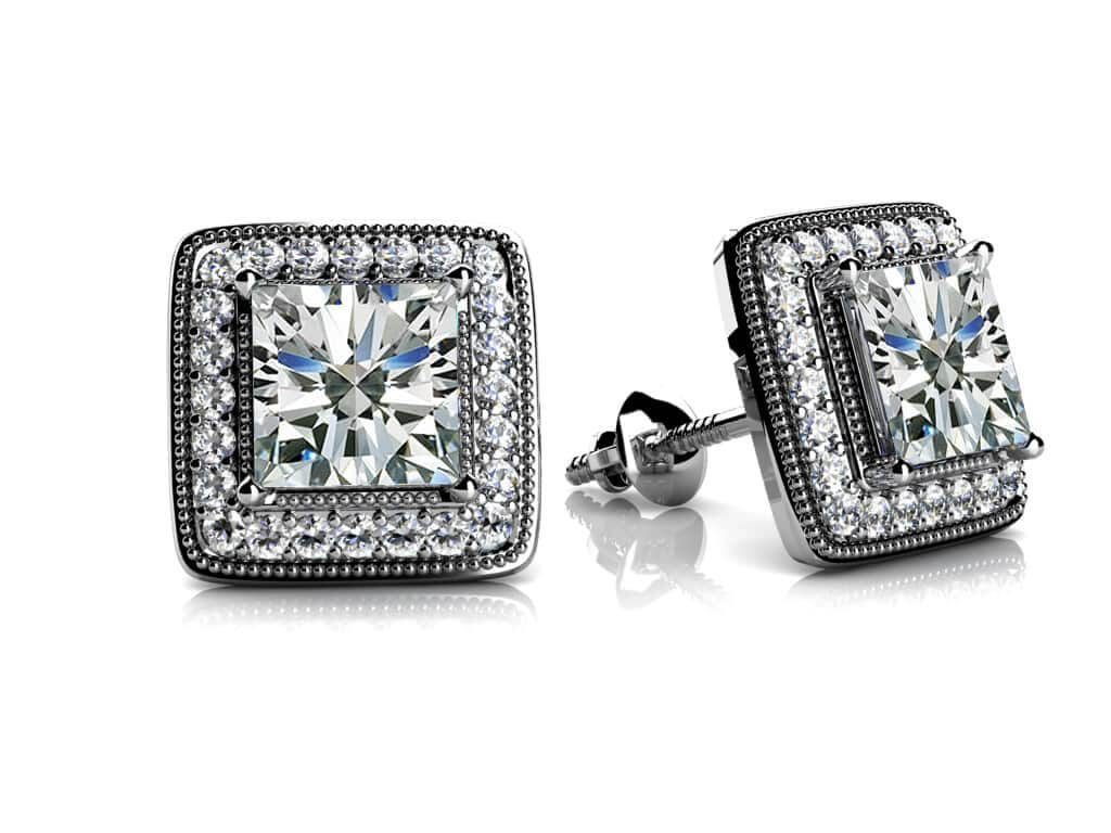 Milgrain Princess Cut Lab-Grown Diamond Stud Earrings with 1.44 ct. (2X0.60 ct. center diamonds)