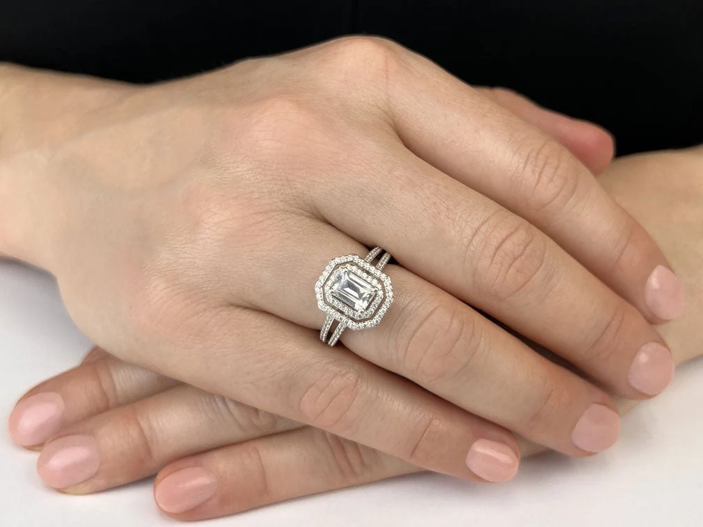 Modern Emerald Cut Double Halo Ring Diamond with 2.06 ct. (1.50 ct. center diamond) - Image 3