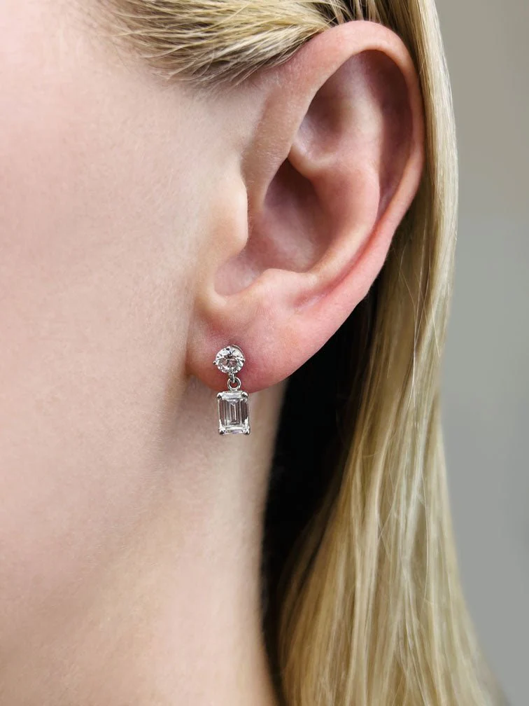 Modern Twist Emerald Cut Drop Lab-Grown Diamond Earrings with 2.70 ct.(finished) 7x5mm, 4.5mm - Image 3