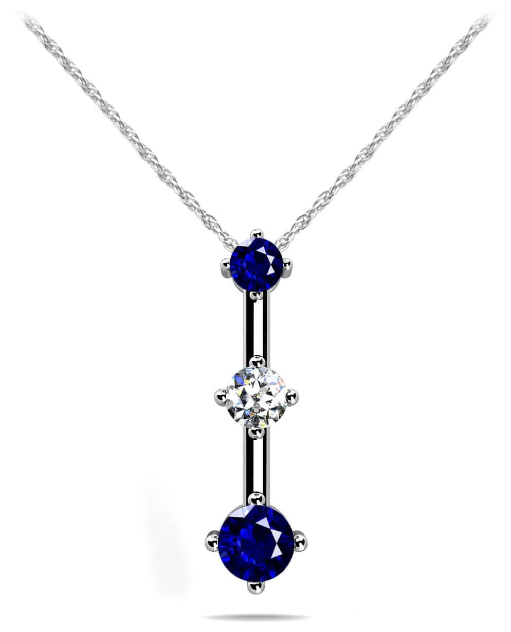 Offset Four Prong Triple Stone Lab-Grown Diamond Pendant with 0.27 ct.(finished) 2.2mm, 2.8mm, 3.4mm Sapphire