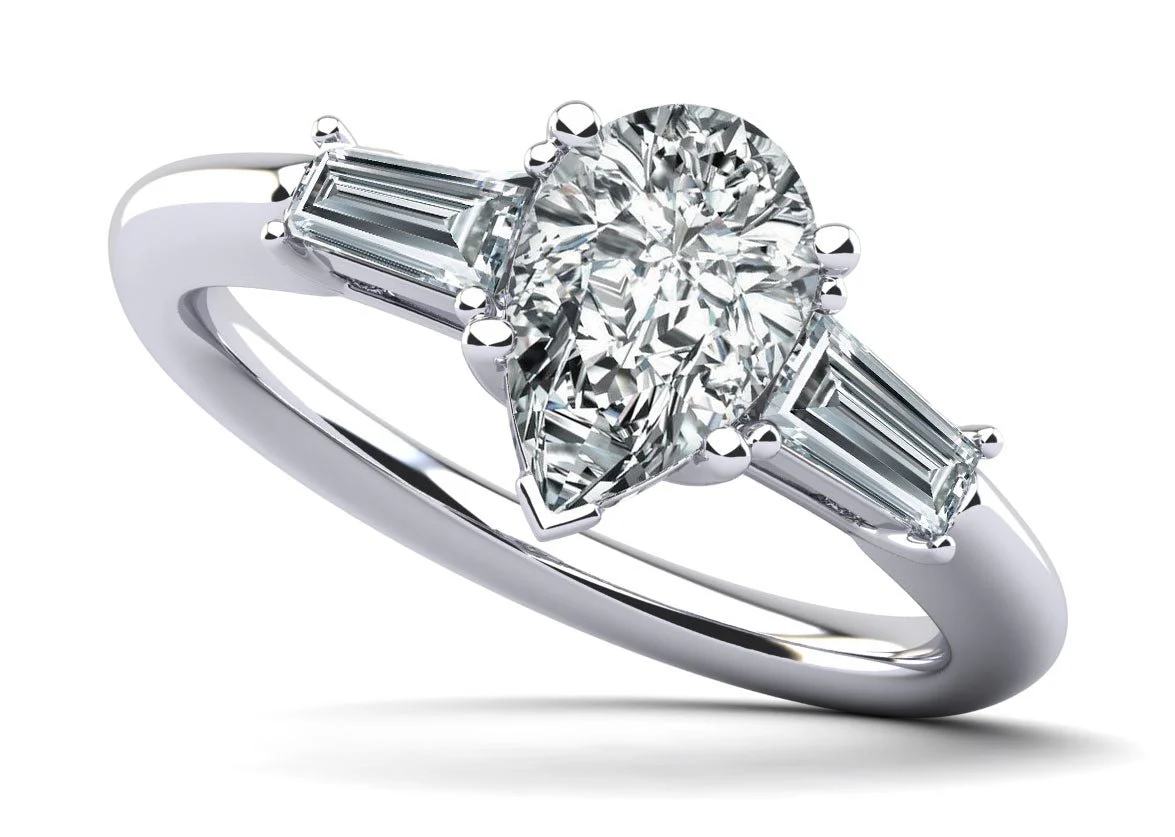 Pear and Baguette Three Stone Lab-Grown Diamond Engagement Ring with 2.06 ct. (1.50 ct. center diamond)
