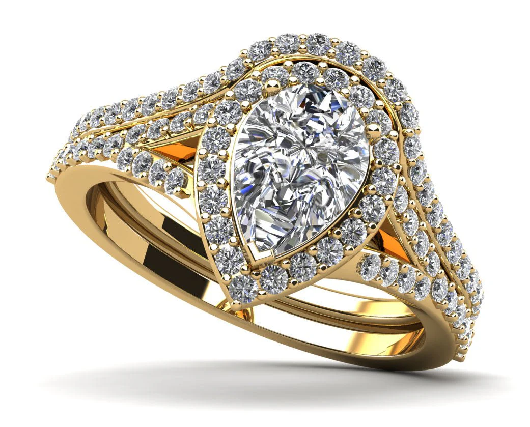 Pear Shape Halo Diamond Bridal Set Diamond  with 1.07 ct. (0.50 ct. center diamond) - Image 2