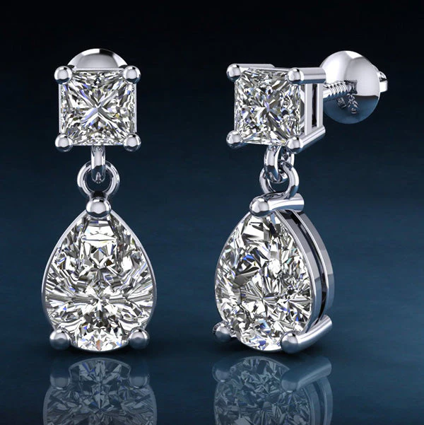 Princess Cut Diamond TearDrop Diamond Earrings with 2.14 ct.(finished) 8x5mm, 3.75mm - Image 5