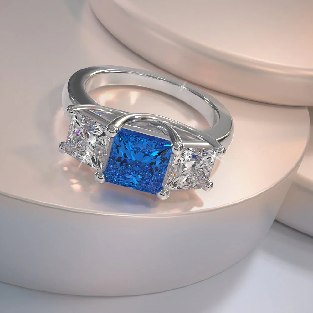 Princess Cut Swirl Three Stone Diamond Ring with 1.00 ct.(finished) 3.4mm, 4.5mm Sapphire - Image 3