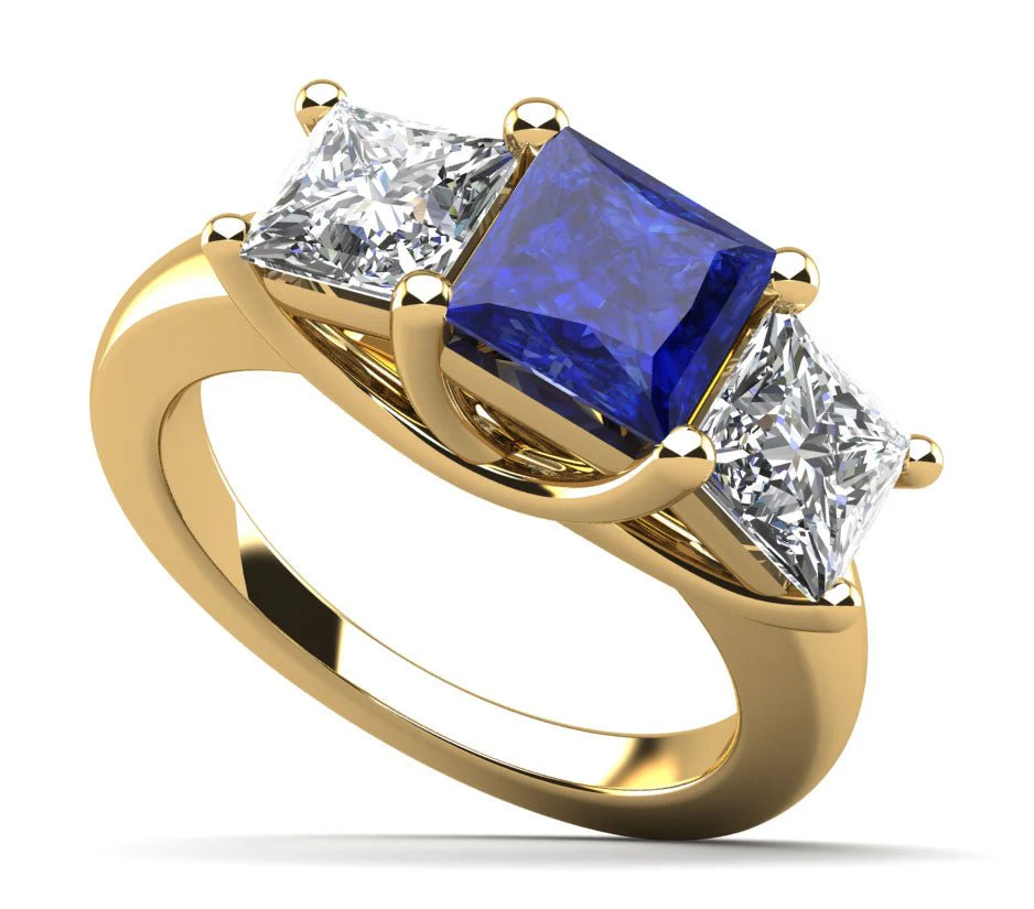Princess Cut Swirl Three Stone Diamond Ring with 2.00 ct.(finished) 4.5mm, 5.5mm Sapphire - Image 2
