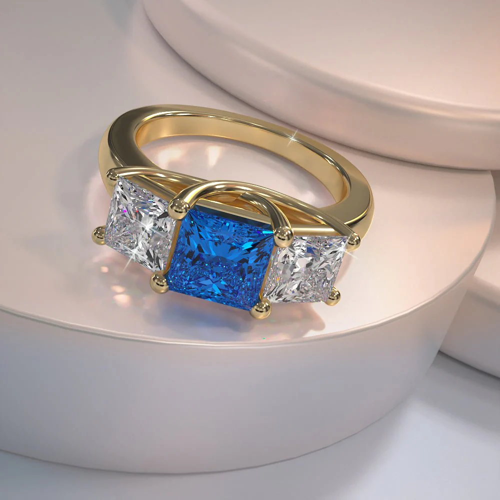 Princess Cut Swirl Three Stone Diamond Ring with 2.90 ct.(finished) 5mm, 6.25mm Sapphire - Image 4