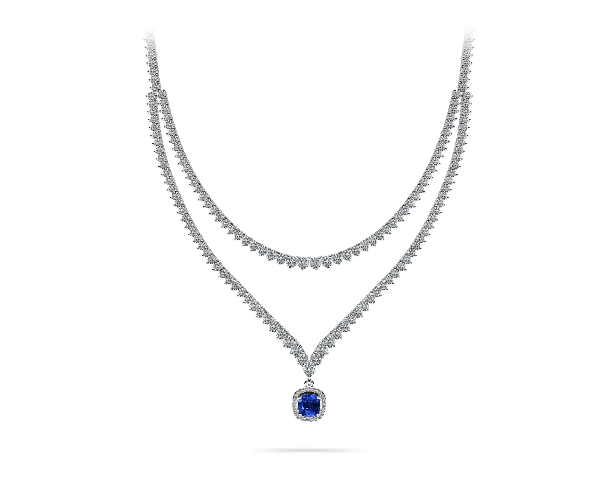 Ravishing Cushion Cut 2 Row 3 Prong Diamond Necklace with 16.10 ct.(finished) Emerald - Image 3