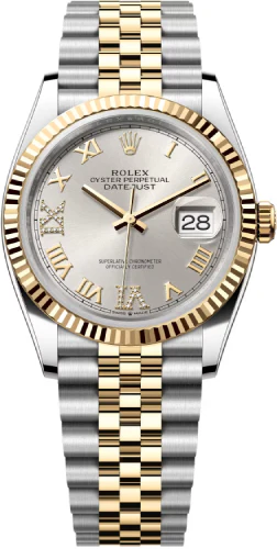 Rolex Datejust 36 Yellow Gold/Steel Silver Roman Diamond VI Dial & Fluted Bezel Jubilee Bracelet 126233