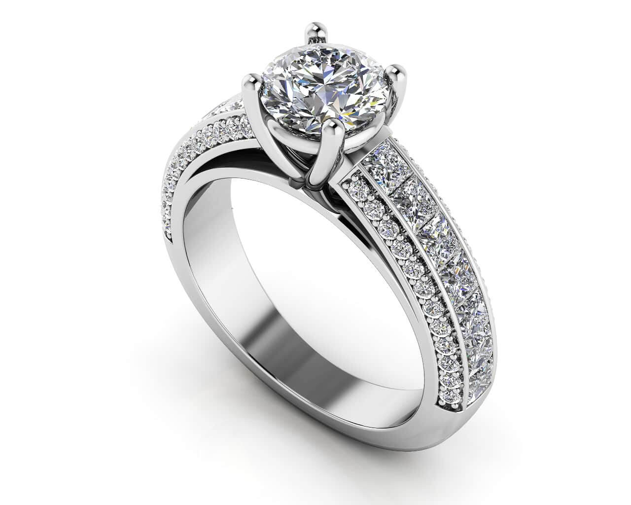 Round And Princess Cut Shank Lab-Grown Diamond Engagement Ring with 1.75 ct. (0.50 ct. center diamond)