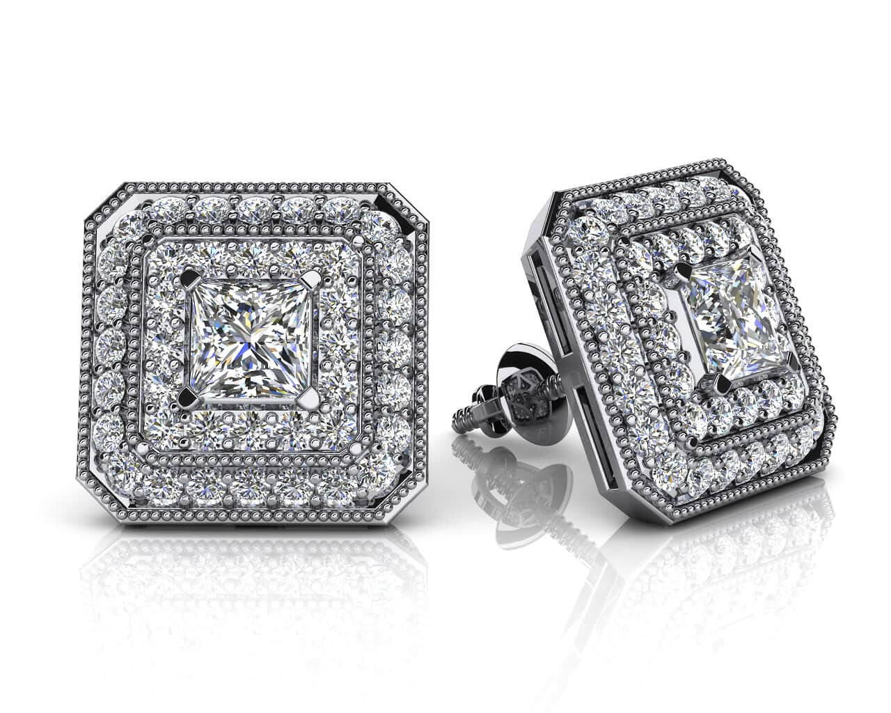 Square Shaped Princess And Round Diamond Lab-Grown Diamond Studs with 1.22 ct. (2X0.29 ct. center diamonds)
