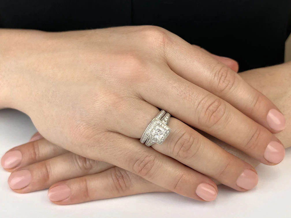Stunning Halo Princess Cut Bridal Set Diamond  with 1.74 ct. (1.00 ct. center diamond) - Image 3