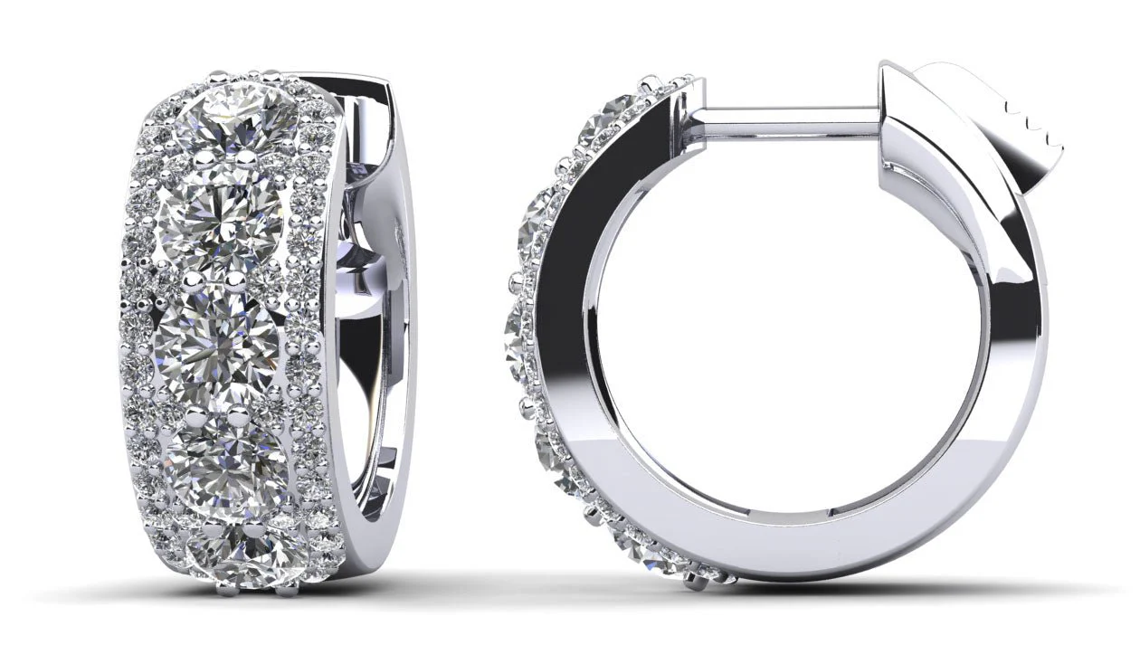 Three Rows Bold and Round Huggie Hoop Lab-Grown Diamond Earrings with 2.04 ct.(finished) 1mm, 3.5mm