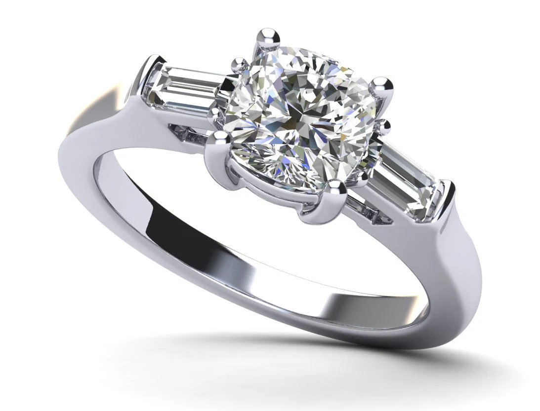 Three Stone Cushion And Baguette Diamond Engagement Ring with 1.28 ct. (1.00 ct. center diamond)