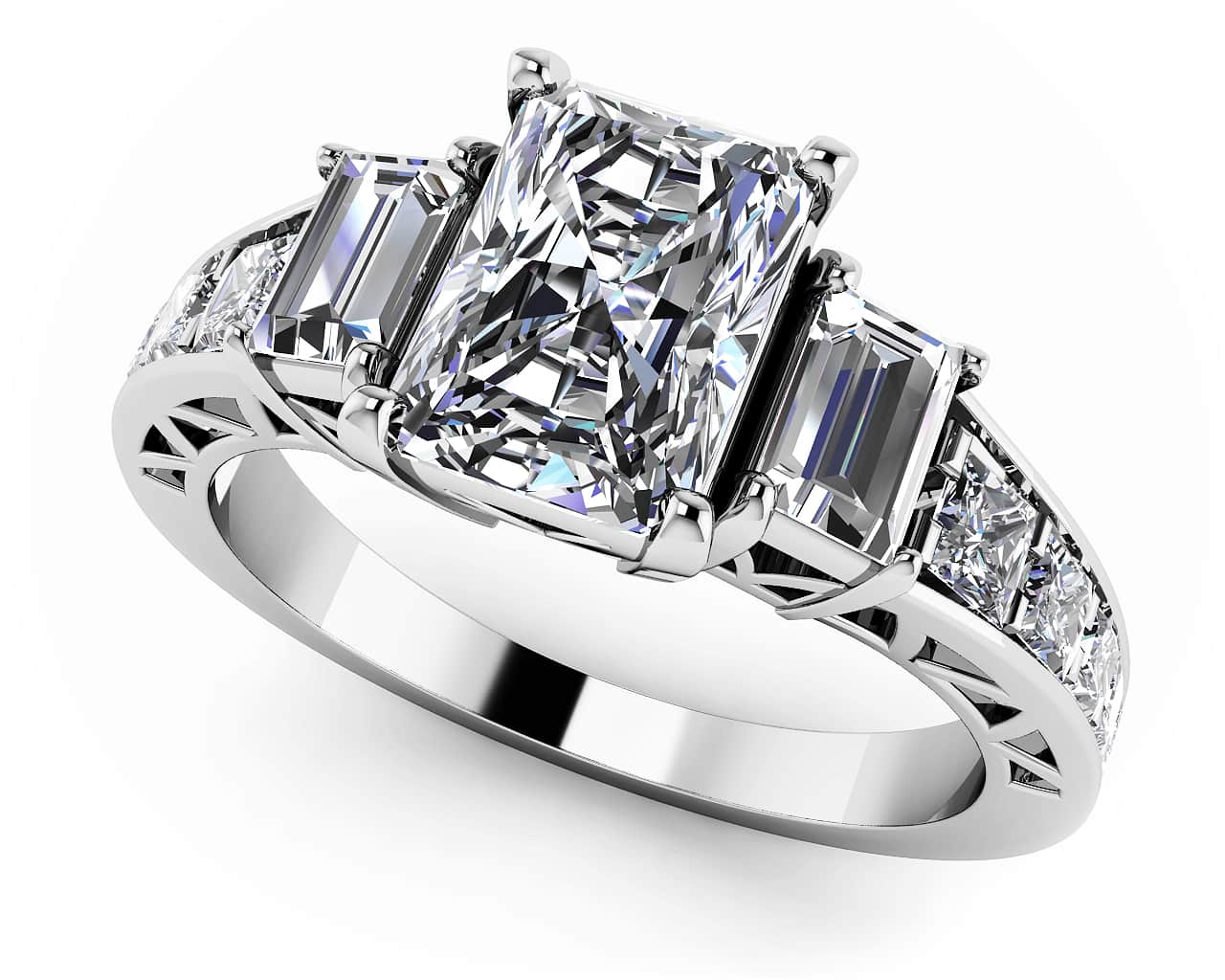 Three Stone Emerald And Princess Lab-Grown Diamond Engagement Ring with 0.98 ct. (0.50 ct. center diamond)