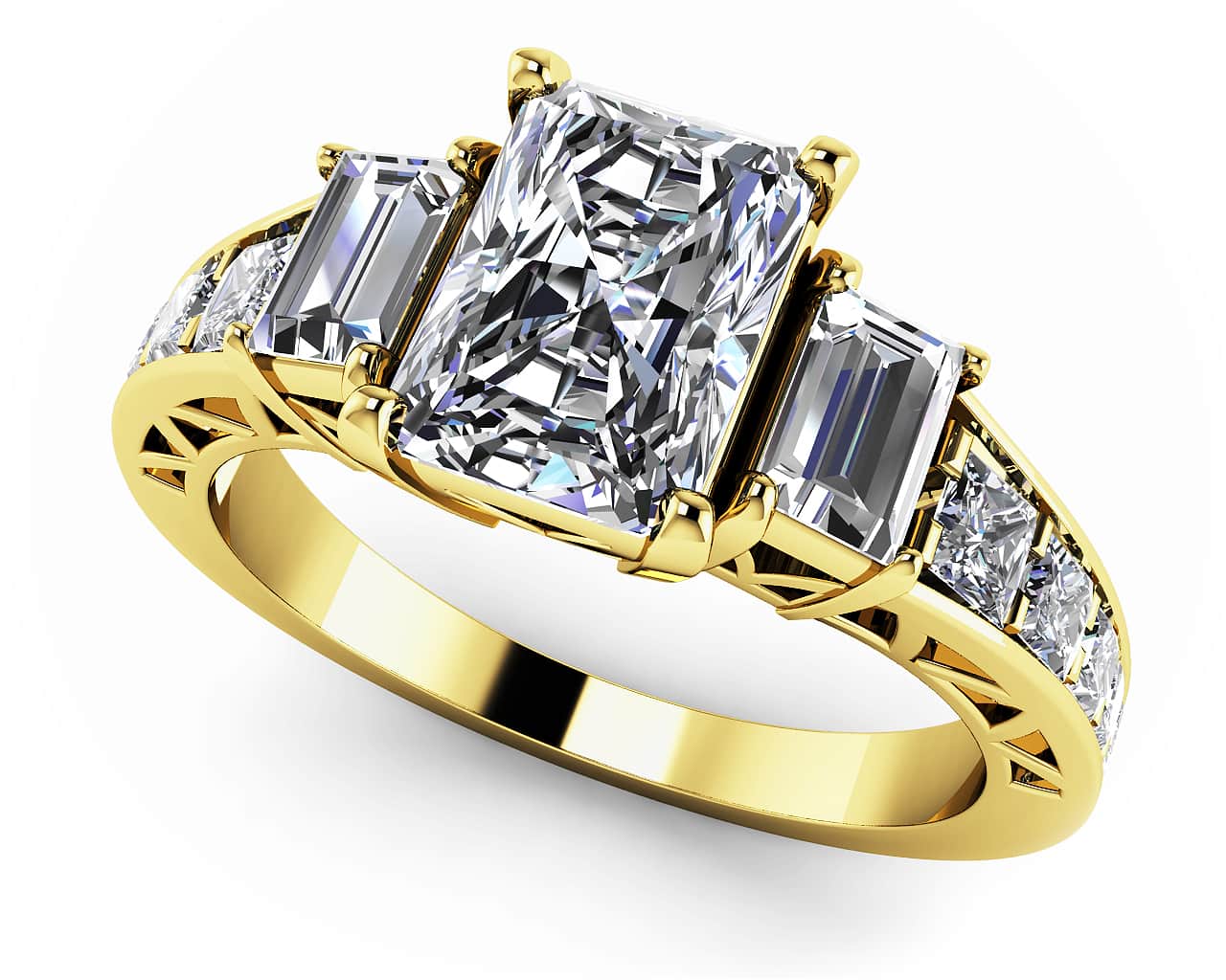 Three Stone Emerald And Princess Lab-Grown Diamond Engagement Ring with 0.98 ct. (0.50 ct. center diamond) - Image 2