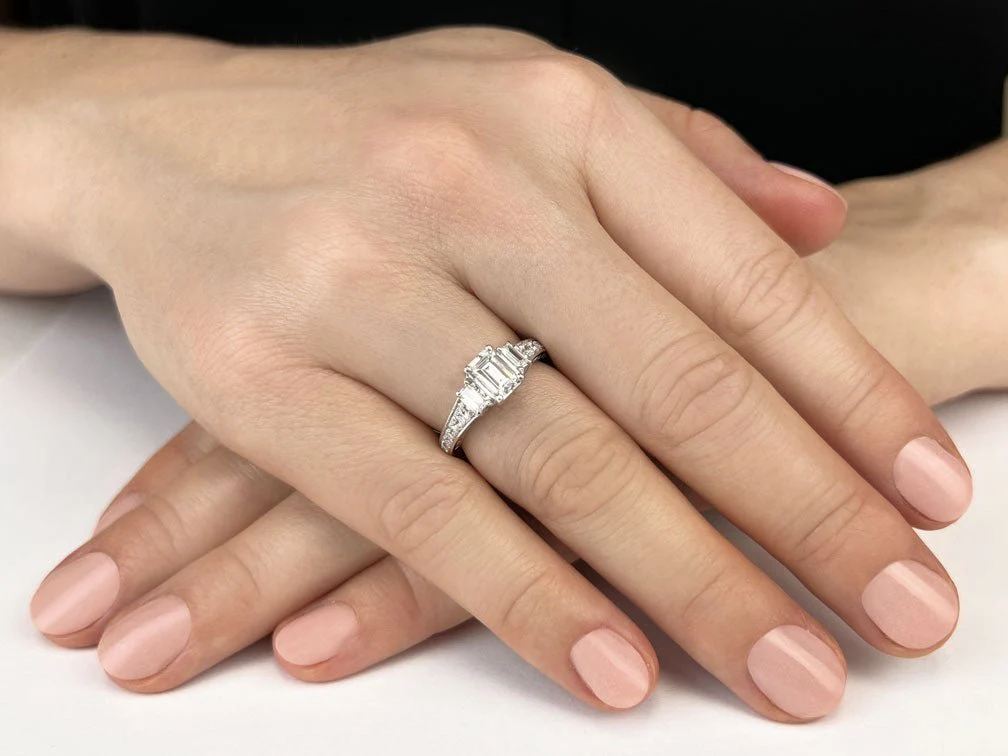Three Stone Emerald And Princess Lab-Grown Diamond Engagement Ring with 0.98 ct. (0.50 ct. center diamond) - Image 3