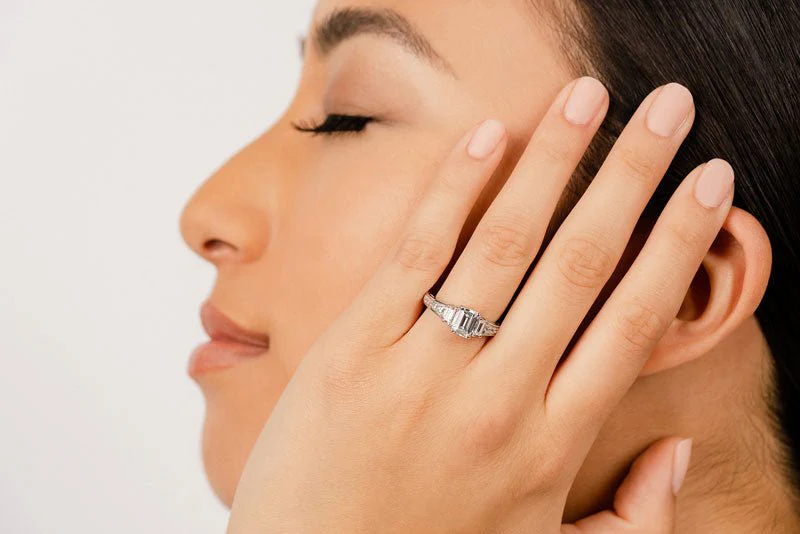 Three Stone Emerald And Princess Lab-Grown Diamond Engagement Ring with 0.98 ct. (0.50 ct. center diamond) - Image 4