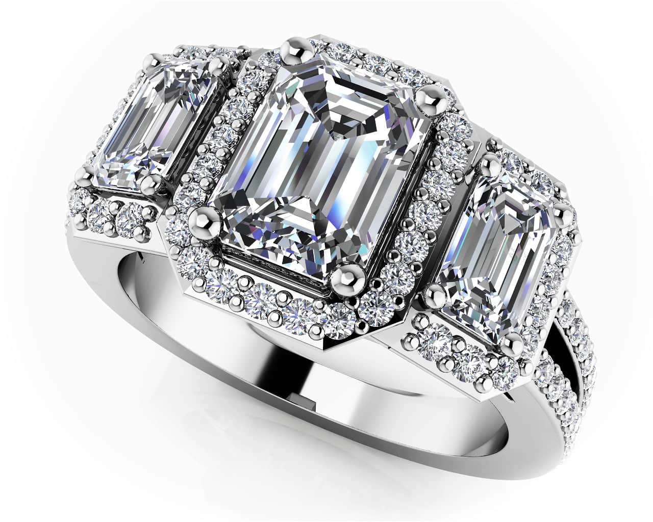 Three Stone Emerald Diamond And Halo Surround Diamond Ring with 1.90 ct. (1.00 ct. center diamond)