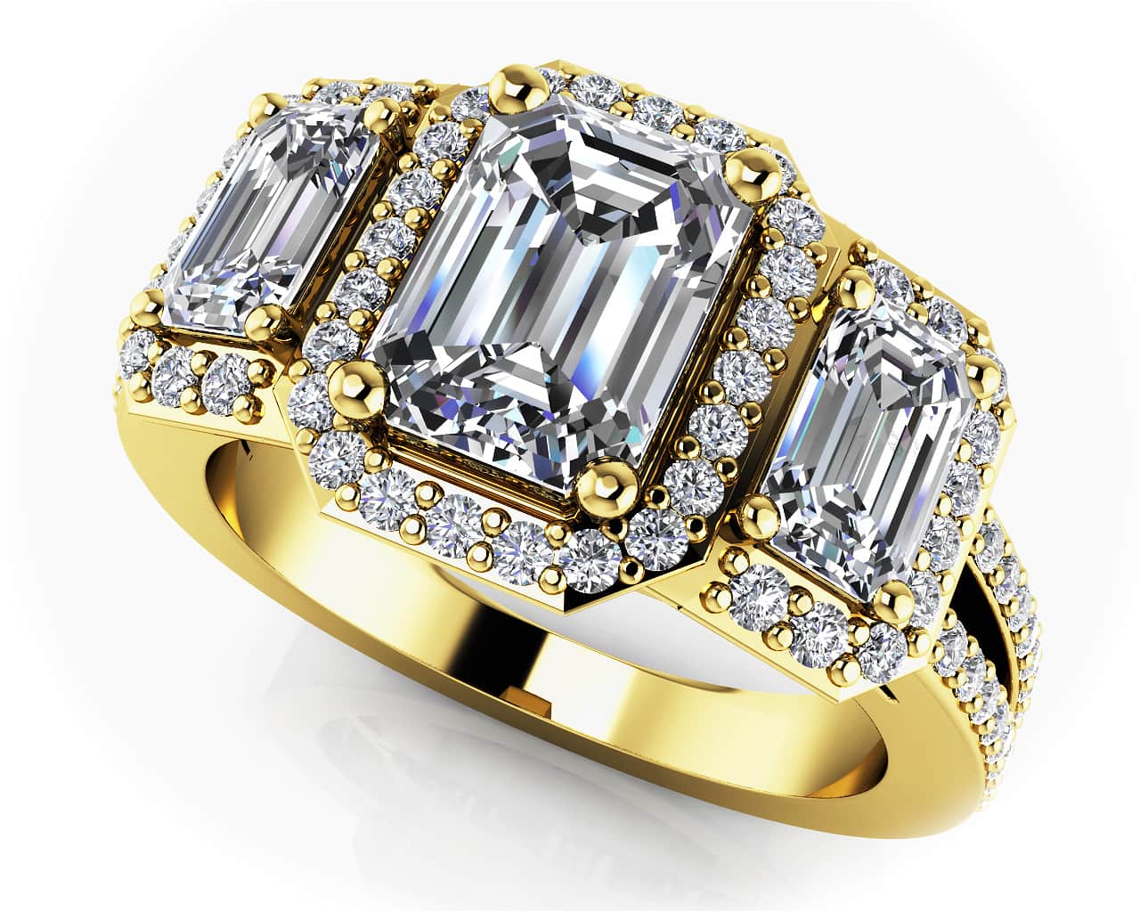 Three Stone Emerald Diamond And Halo Surround Diamond Ring with 2.92 ct. (1.50 ct. center diamond) - Image 2