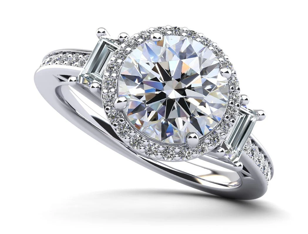 Three Stone Halo with Side Stones Diamond Engagement Ring with 2.04 ct. (1.50 ct. center diamond)